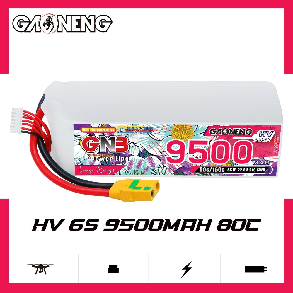 GAONENG GNB HV 6S 9500mAh 80C battery banner image with product label and connector visible