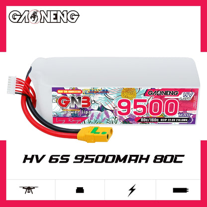 GAONENG GNB HV 6S 9500mAh 80C battery banner image with product label and connector visible