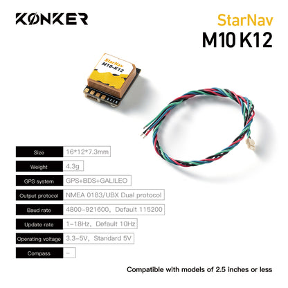 MAD StarNav M10 GPS, StarNav M10 K12 GPS module with wiring harness, 16×12×7.3 mm size and NMEA output specs listed