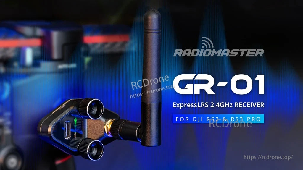 RadioMaster GR-01 ExpressLRS 2.4GHz receiver mounted on DJI RS2/RS3 Pro gimbal with antenna