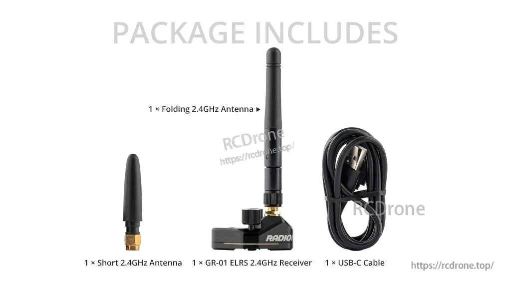 Package contents: GR-01 ELRS 2.4GHz receiver, folding antenna, short antenna, and USB‑C cable