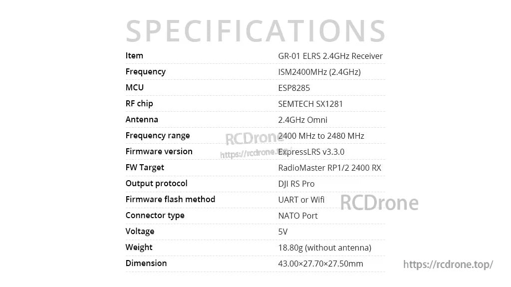 GR-01 ExpressLRS 2.4GHz receiver specifications table (frequency, MCU, RF chip, protocol, voltage, size)