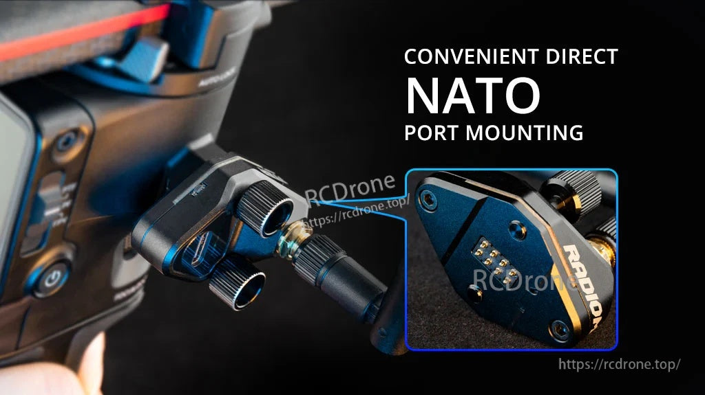 Direct NATO port mounting for the GR-01 receiver on a DJI RS gimbal, with secure knurled hardware