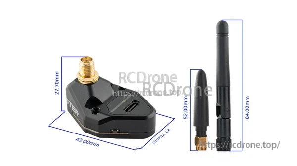 Dimension diagram of GR-01 receiver (43.0×27.7×27.5mm) plus 52mm short antenna and 84mm folding antenna