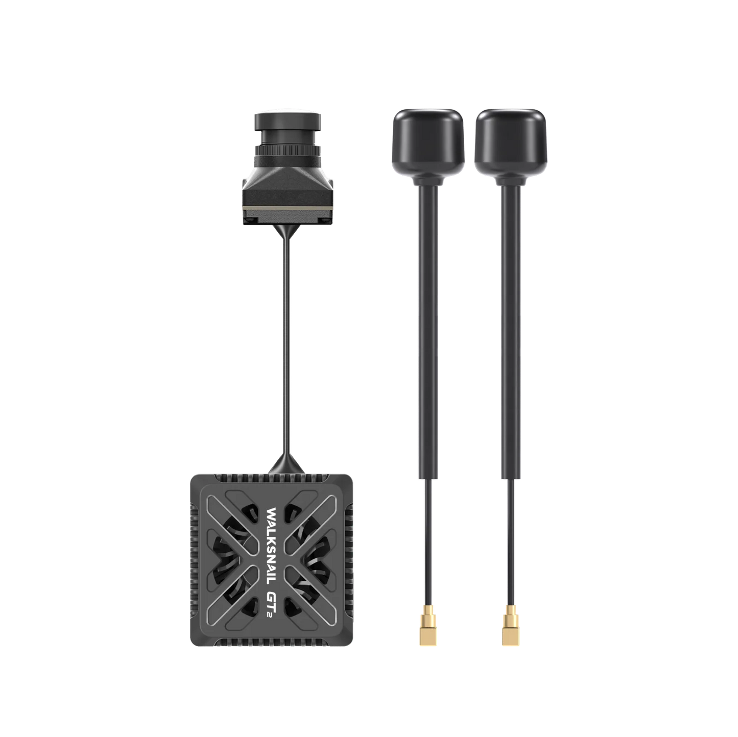 Walksnail Avatar GT2 Kit top view with camera linked to VTX module and two antennas side by side