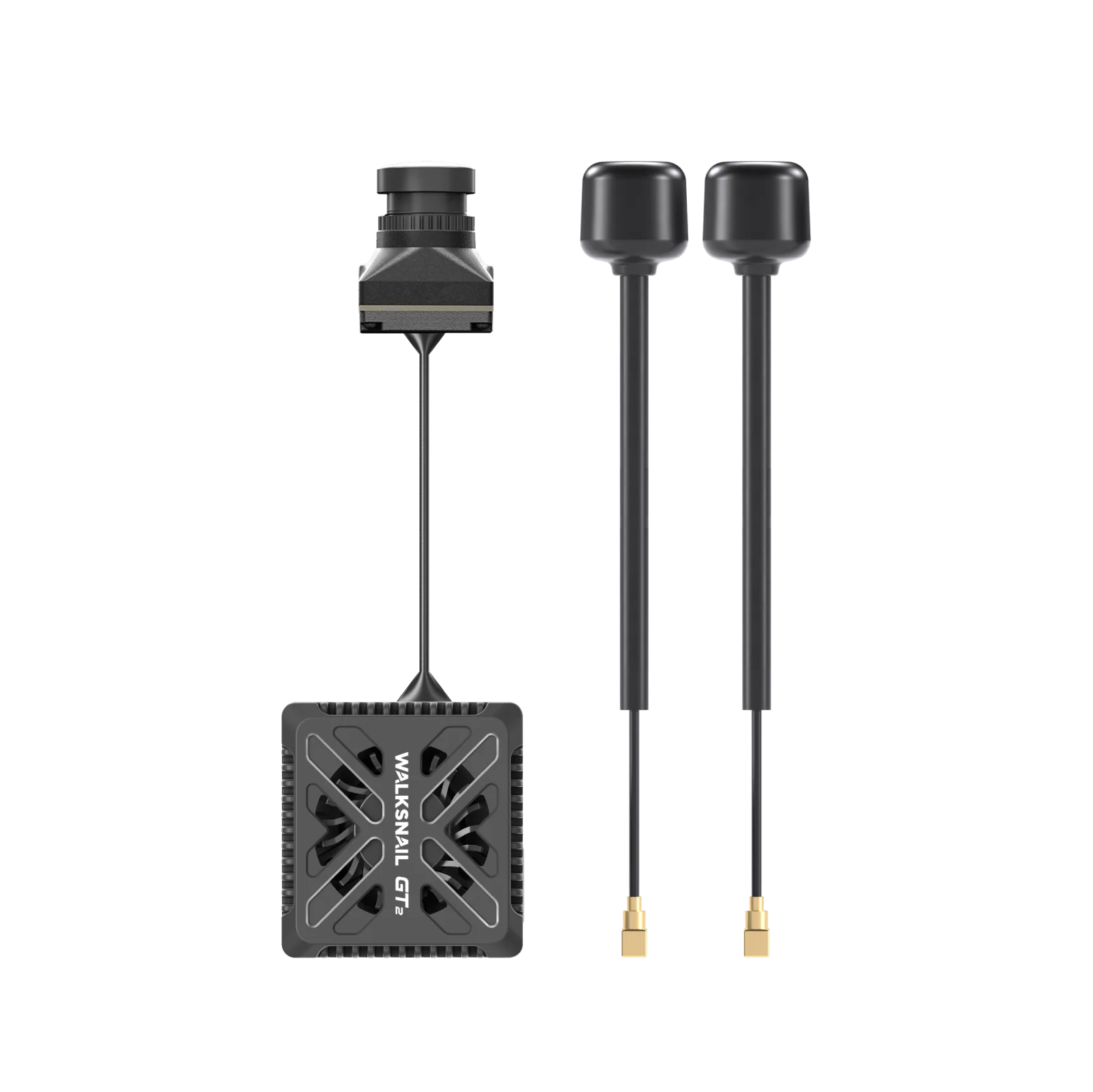 Walksnail Avatar GT2 Kit top view with camera linked to VTX module and two antennas side by side