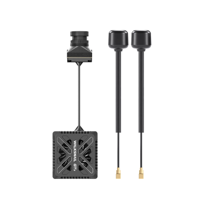 Walksnail Avatar GT2 Kit top view with camera linked to VTX module and two antennas side by side