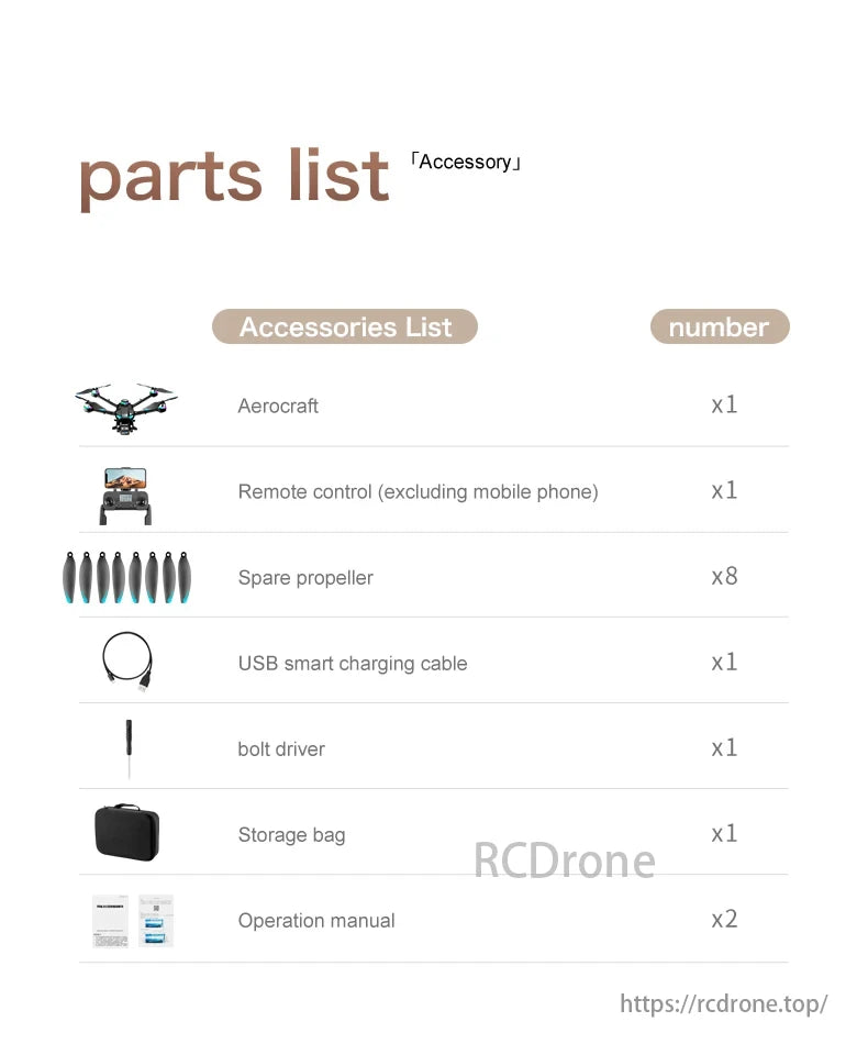 GT6 Drone, The parts list includes: Aerocraft, remote control, spare propellers, USB cable, tools, storage bag, and manuals.