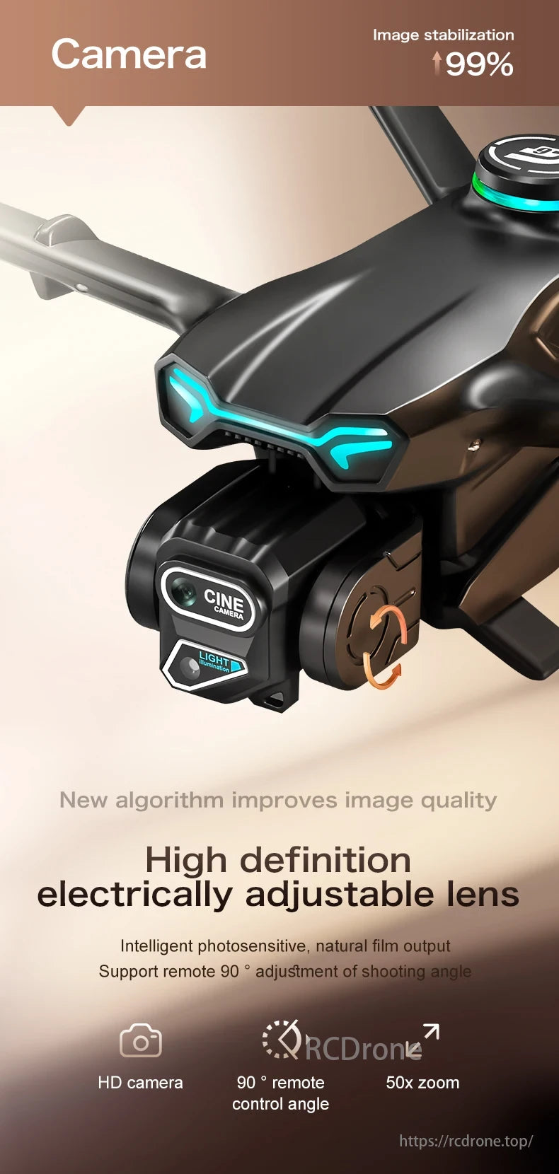 GT6 Drone, Camera features 99% stabilization, new quality algorithm, electrically adjustable lens, HD, 90° remote angle, and 50x zoom.