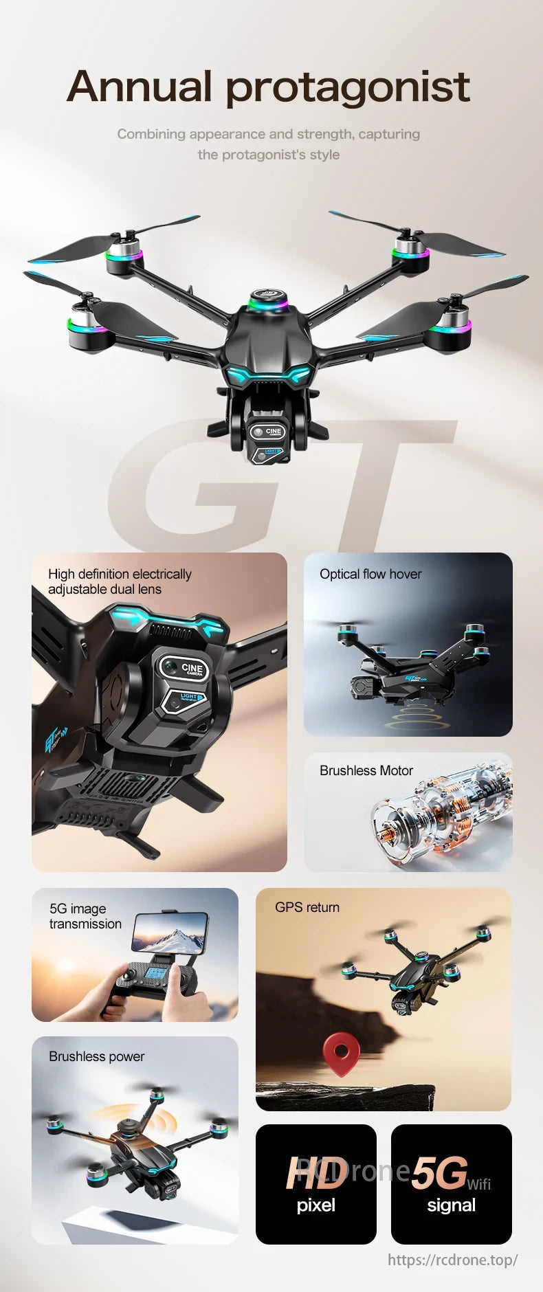 GT6 Drone, The Annual protagonist drone boasts a strong design with high-definition dual lenses, optical flow hover, brushless motor, 5G transmission, GPS return, and HD pixel capability.