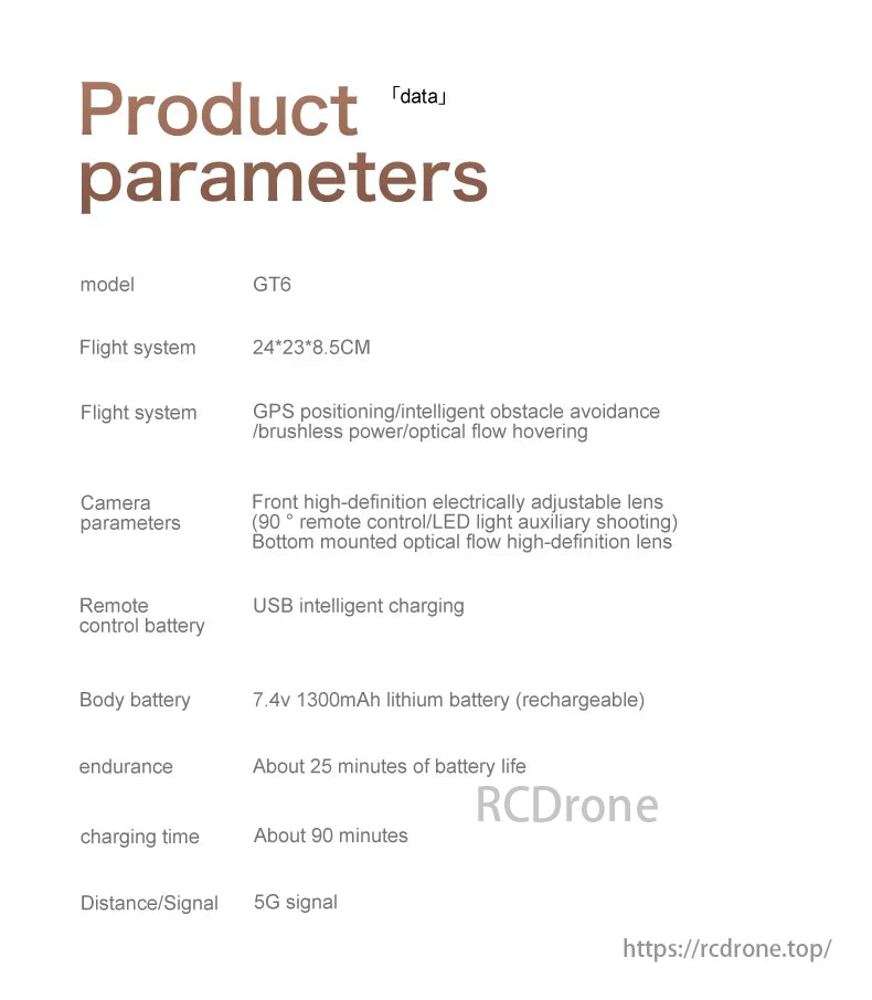 GT6 drone features GPS, obstacle avoidance, brushless motor, adjustable camera, LED lights, 25min flight time, USB charge, and 5G signal.
