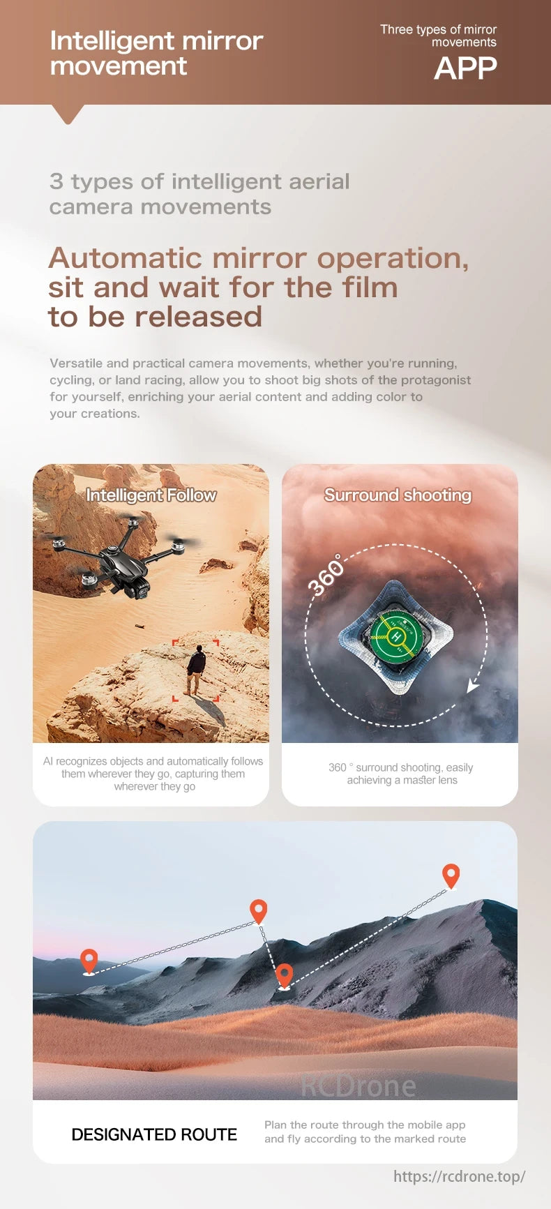 GT6 Drone, Intelligent mirror movement provides three aerial camera movements, automatic operation for dynamic scenes, and features like follow, 360° shooting, and app-based route planning.