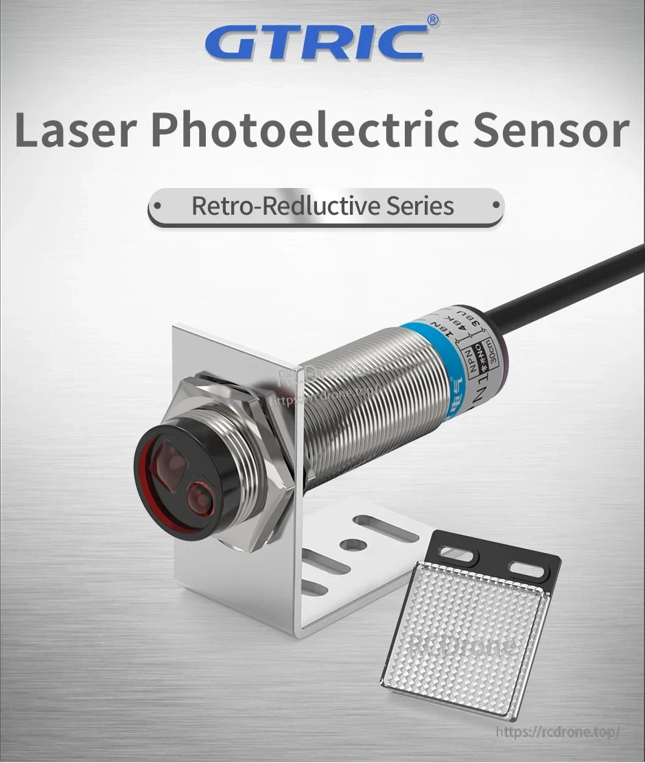 GTRIC LS18-R8MN1 Laser Photoelectric Sensor, GTRIC LS18-R8MN1 retro-reflective laser photoelectric sensor with reflective plate and cable for reliable detection.