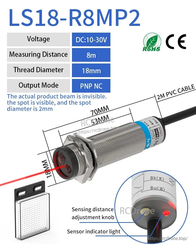 GTRIC LS18-R8MN1 Laser Photoelectric Sensor, Compact laser sensor, 10–30V DC, 8m range, M18 thread, PNP NC output, IP65, 2m cable, adjustable sensitivity, indicator, RoHS/CE certified.