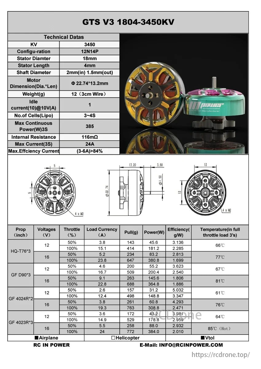 GTS V3 3-Inch FPV Motor, GTS V3 1804-3450KV motor: 3450KV, 18mm stator, 12g, 385W max power at 3S, >84% efficiency, FPV-ready.