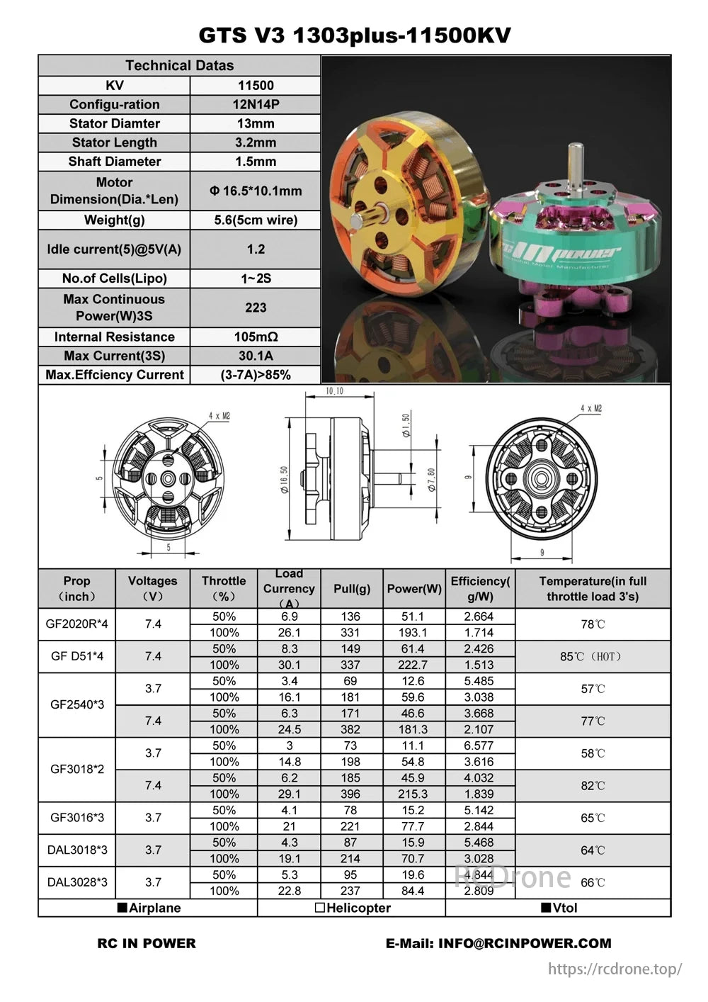 GTS V3 6000KV Motor, GTS V3 1303plus-11500KV motor: 11500KV, 12N14P, 13mm stator, 3.2mm length, 1.5mm shaft, 5.6g weight, 223W max power at 3S, >85% efficiency. Ideal for RC models.