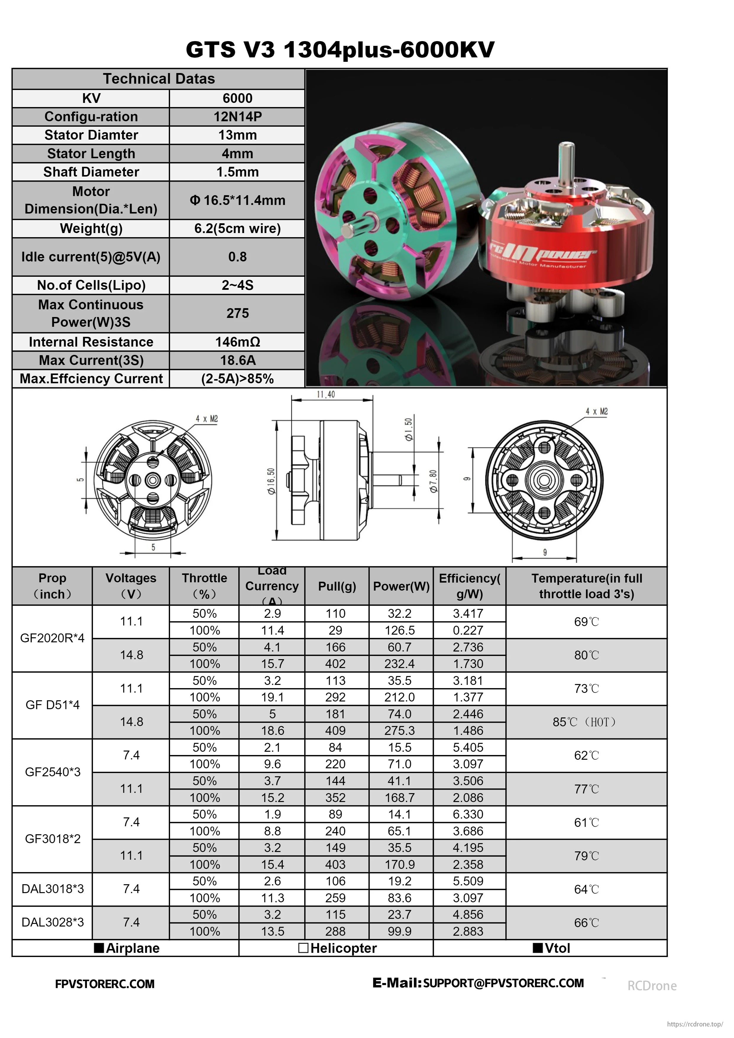 GTS V3 Motor, GTS V3 1304plus-6000KV motor: 6000KV, 12N14P, 13mm stator, 4mm length, 1.5mm shaft, 6.2g weight, 275W power, 18.6A current, 85% efficiency, with prop data.