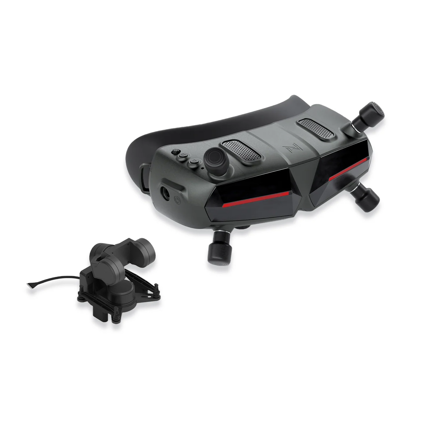 FPV goggles with dual antennas and included gimbal camera module, angled top view