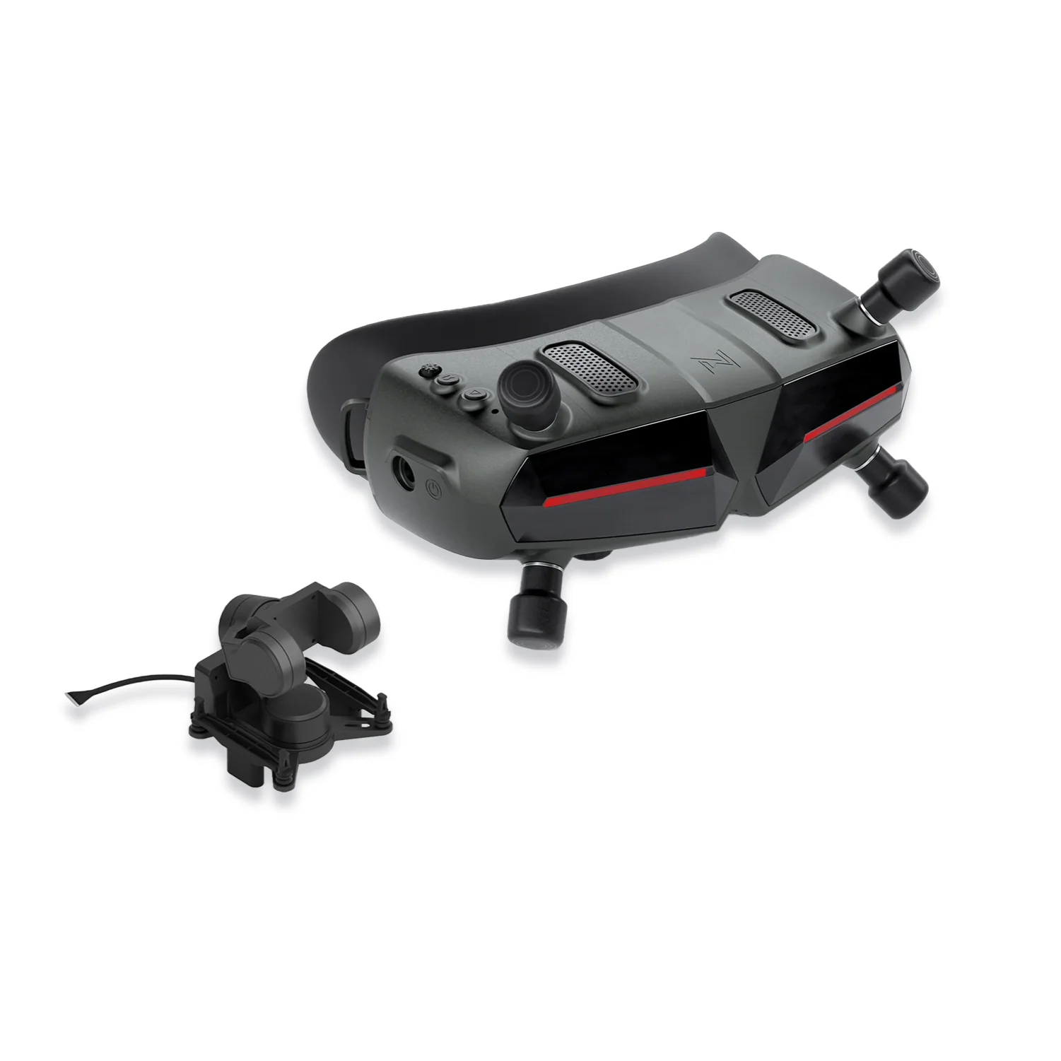 FPV goggles with dual antennas and included gimbal camera module, angled top view