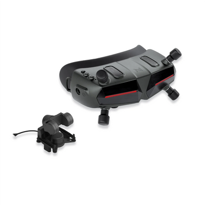 FPV goggles with dual antennas and included gimbal camera module, angled top view