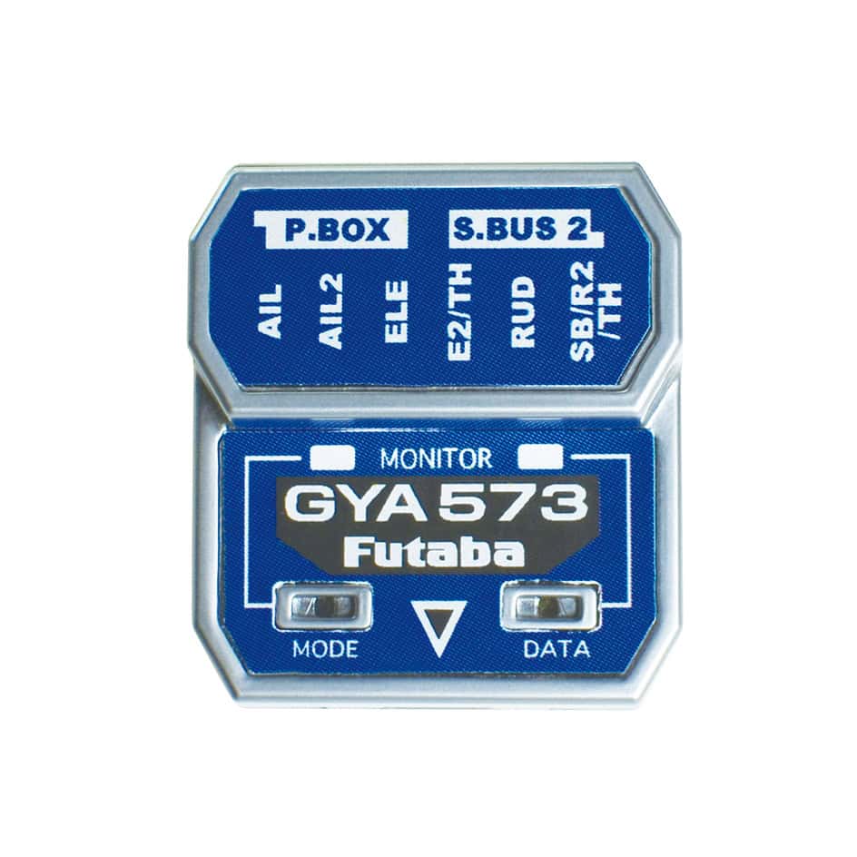 Top view of Futaba GYA573 gyro showing P.BOX and S.BUS2 channel labels and monitor panel