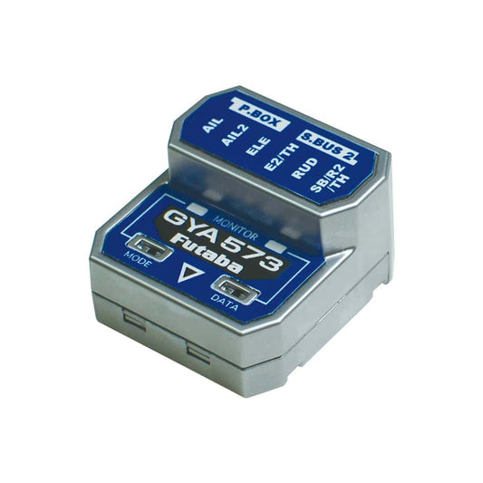 Futaba GYA573 6-axis airplane gyro flight controller, angled view with MODE and DATA buttons