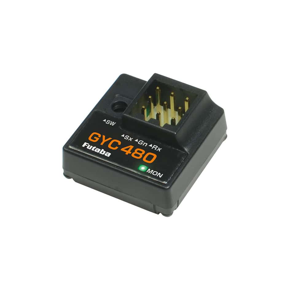 Futaba GYC480 rate car gyro module for RC steering, top view with S.Bus/S.Bus2 pins and status LED