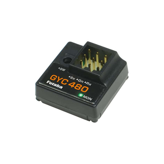 Futaba GYC480 rate car gyro module for RC steering, top view with S.Bus/S.Bus2 pins and status LED