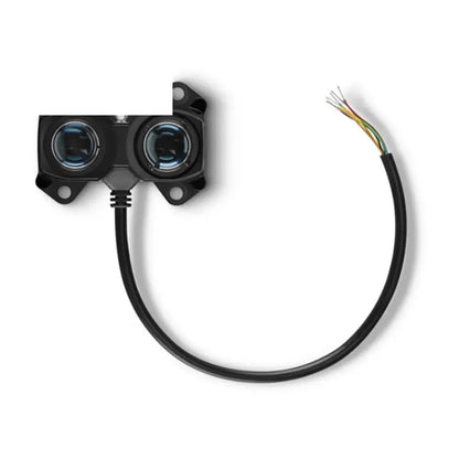 Garmin LIDAR-Lite 3 laser rangefinder module with dual optical windows, mounting holes, and wired pigtail lead