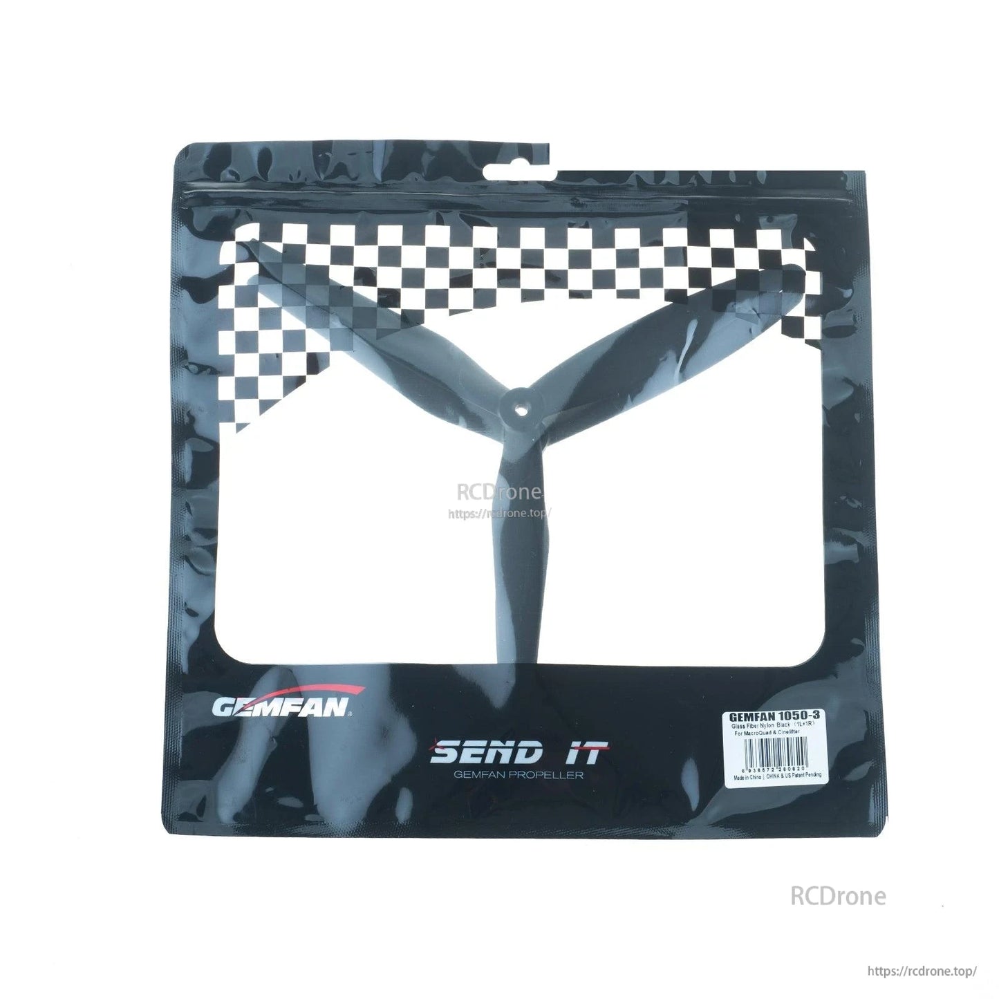 Gemfan 1050-3 retail packaging with three-blade prop visible through window