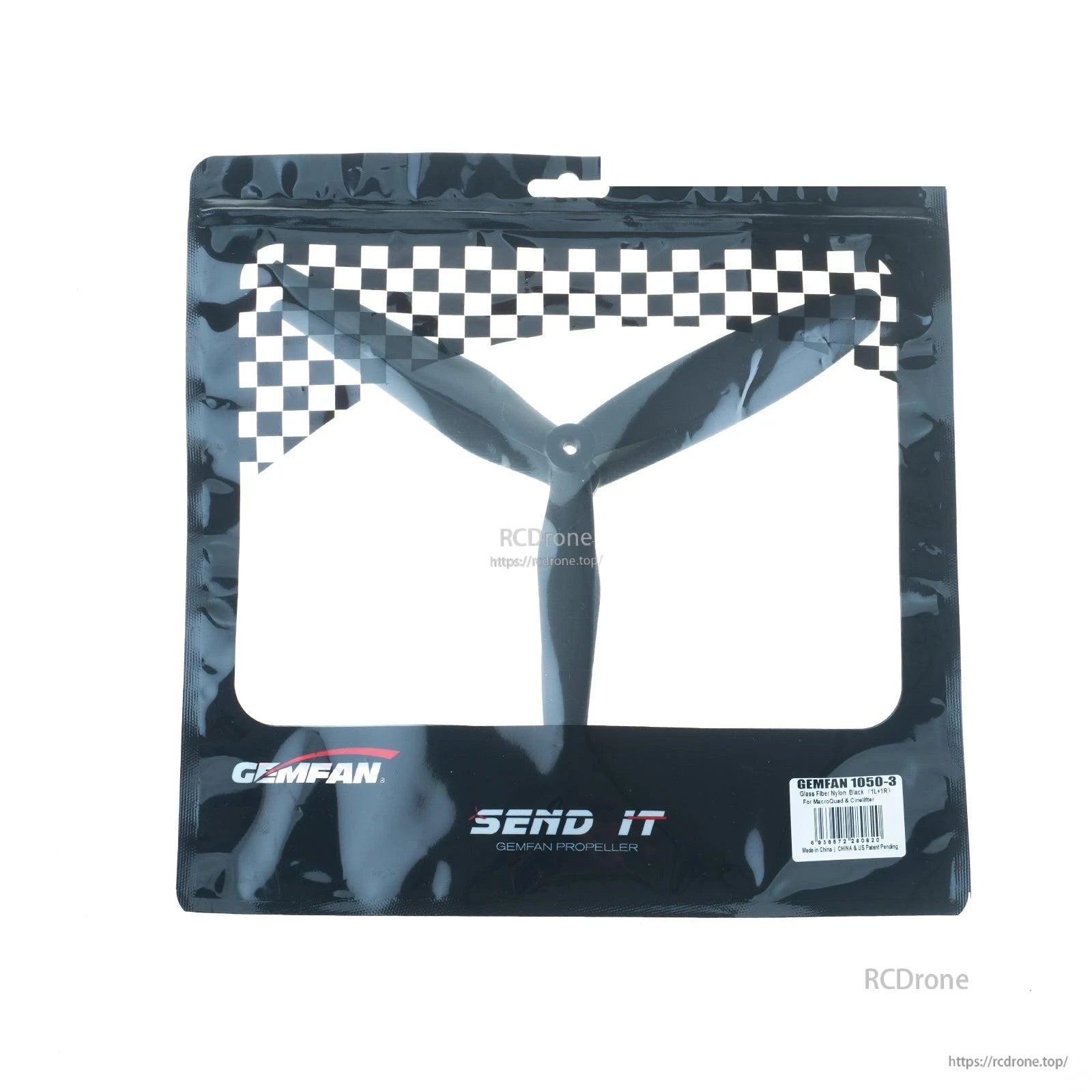 Gemfan 1050-3 retail packaging with three-blade prop visible through window