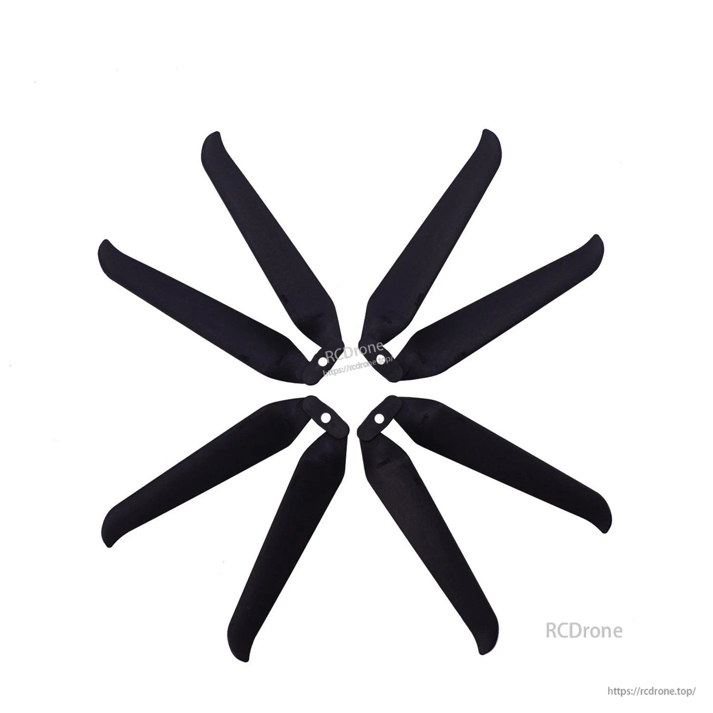 Multiple black folding propeller blades arranged in a circle to show blade shape and hub holes