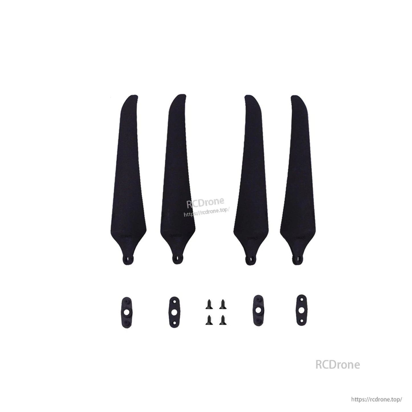 Package contents layout: four black propeller blades, mounting plates, and screws