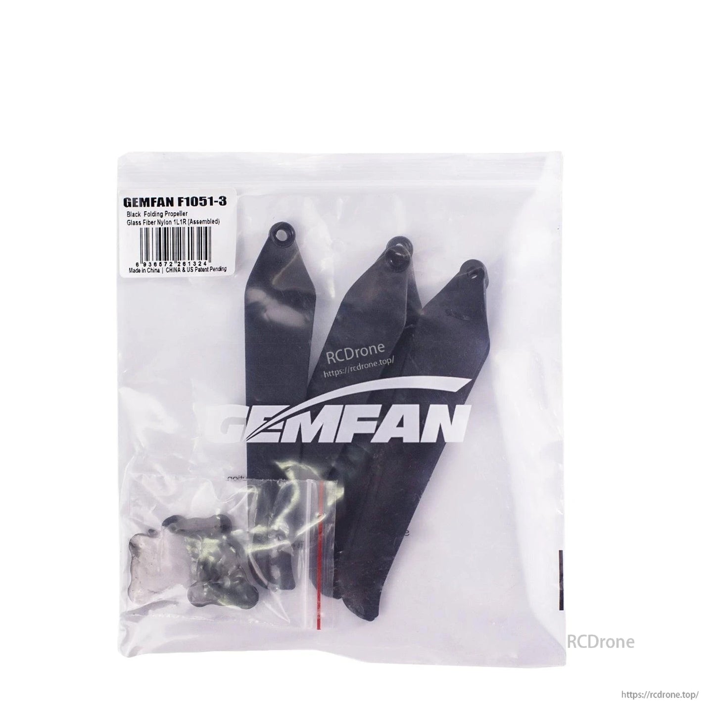 Retail bag with label for Gemfan 1051F-3 black folding propeller set, props and hardware inside