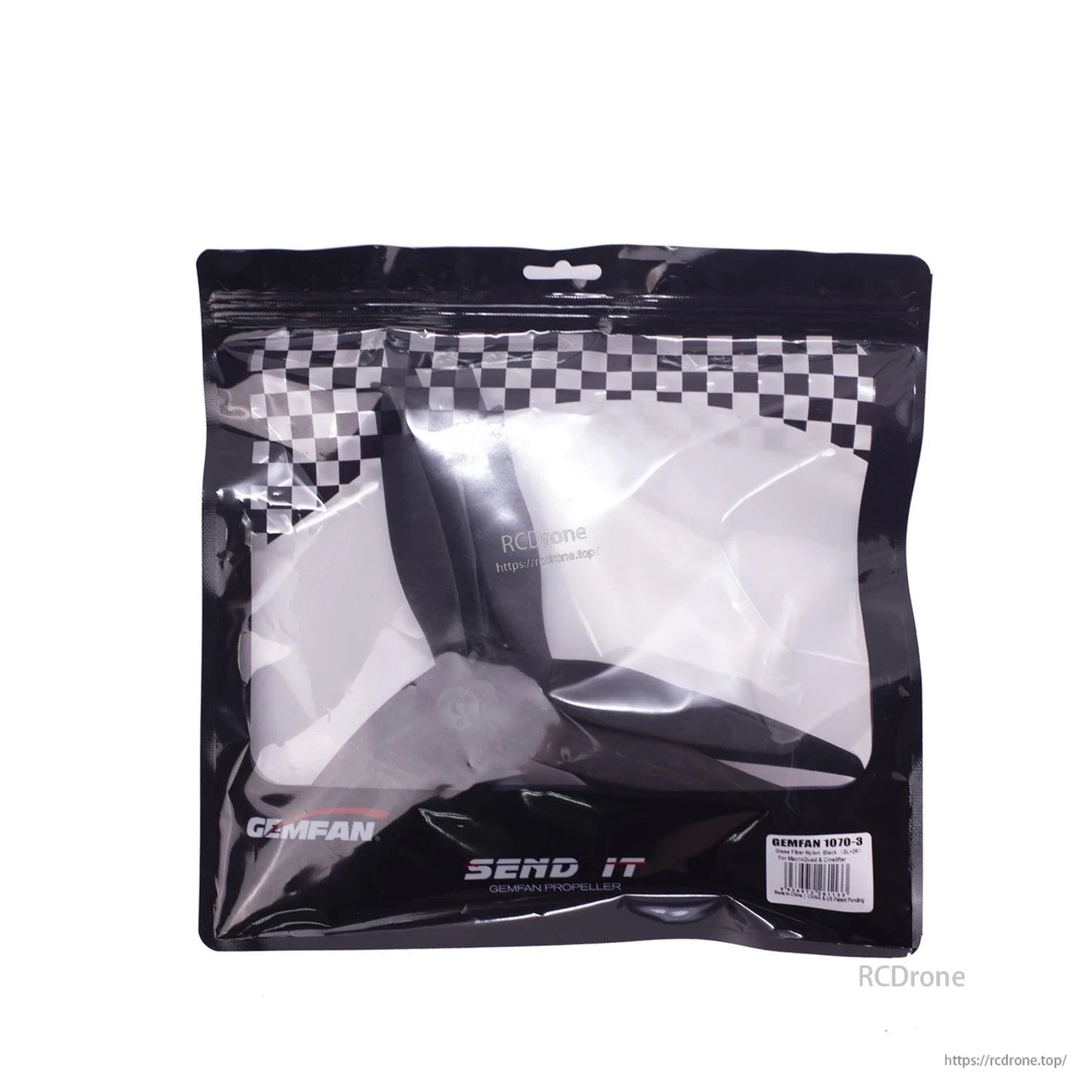 Gemfan propeller set in sealed retail bag with barcode label and clear window showing blades