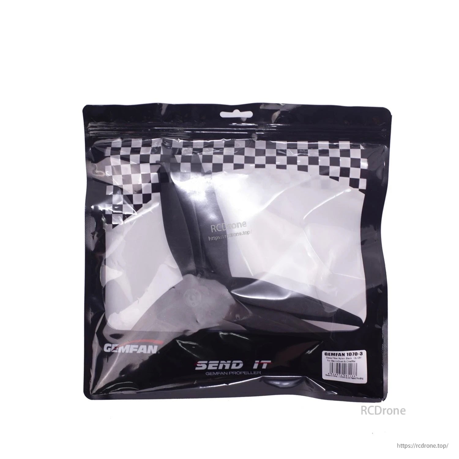 Gemfan propeller set in sealed retail bag with barcode label and clear window showing blades