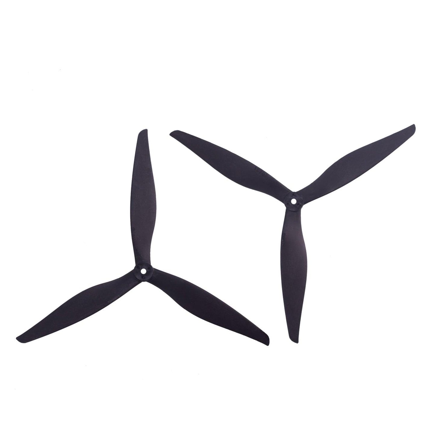 Pair of black tri-blade drone propellers, two-piece set shown side by side