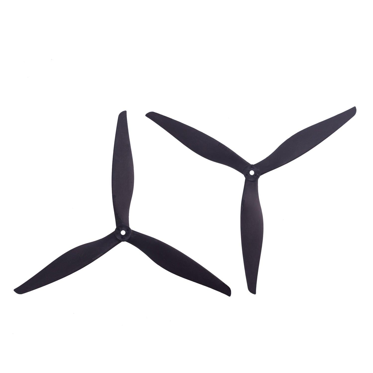 Pair of black tri-blade drone propellers, two-piece set shown side by side