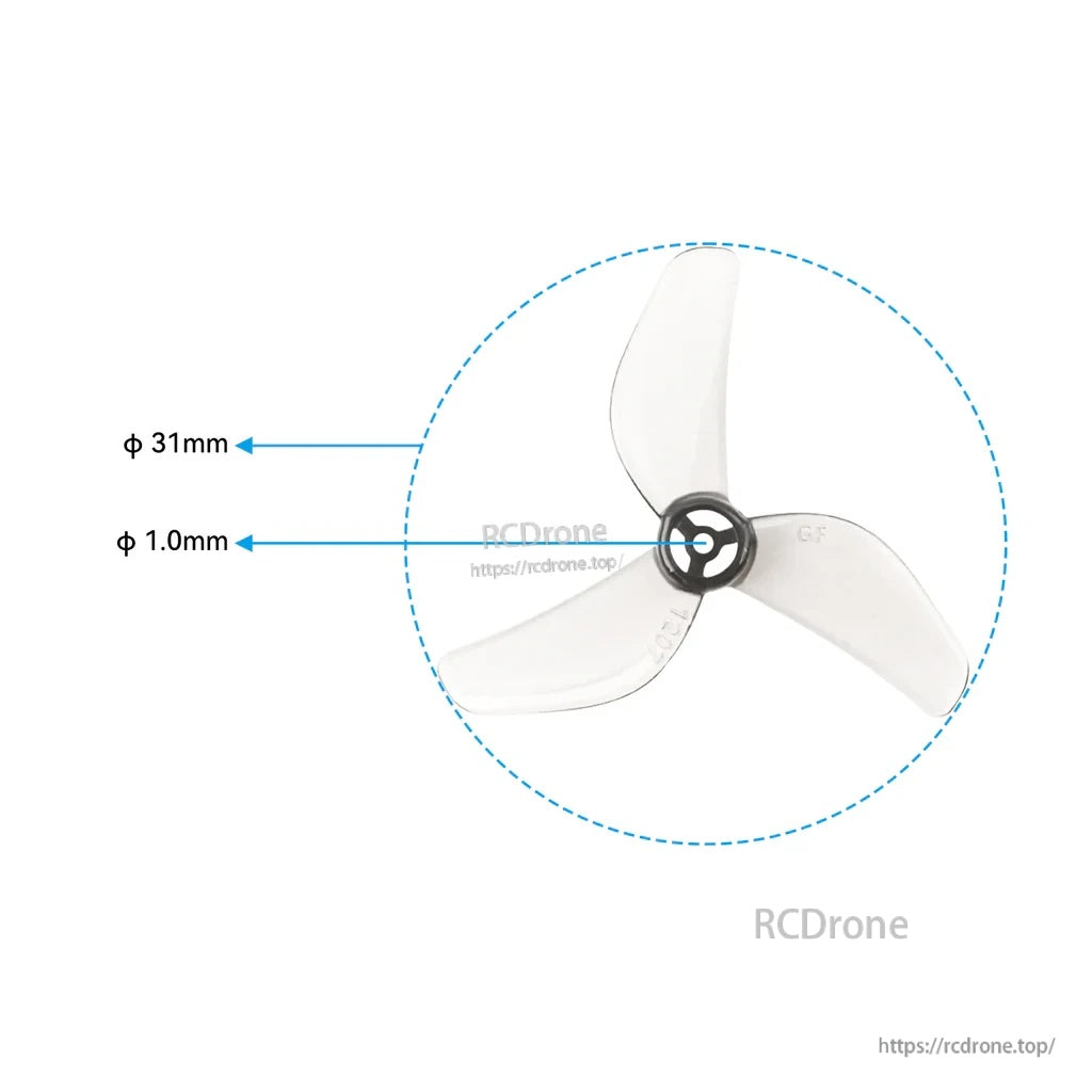 Gemfan 1207 tri-blade propeller size guide showing 31mm diameter and 1.0mm center hole