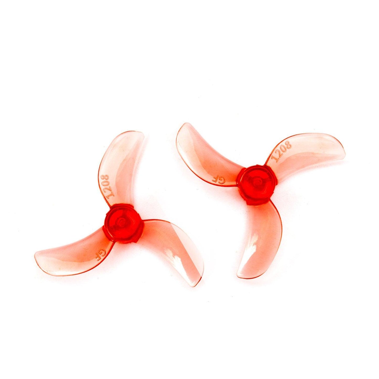 Gemfan 1208-3 31mm 3-blade propeller pair, translucent red CW and CCW micro drone props