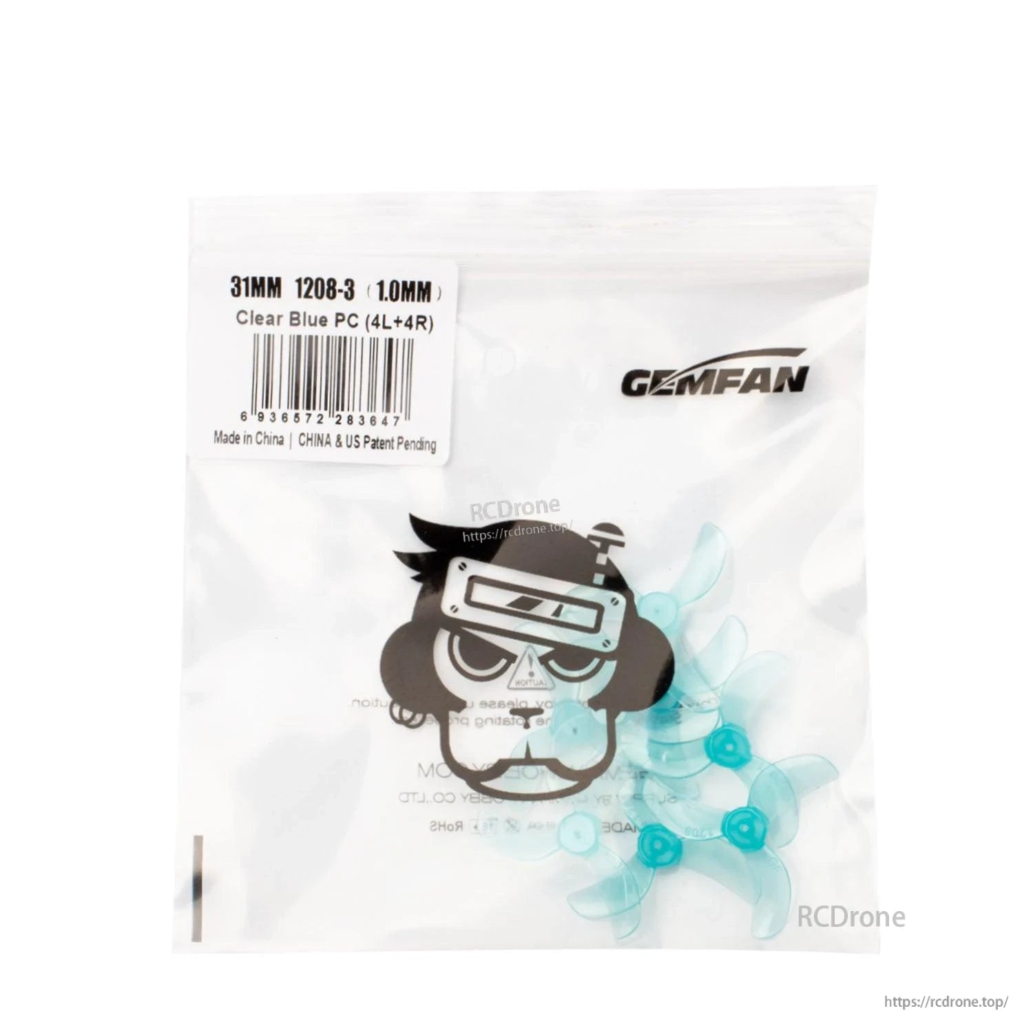 Gemfan 1208-3 31mm propellers retail bag, label shows Clear Blue PC and 1.0mm mount