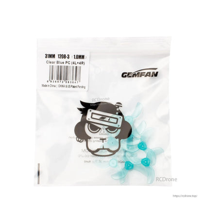 Gemfan 1208-3 31mm propellers retail bag, label shows Clear Blue PC and 1.0mm mount