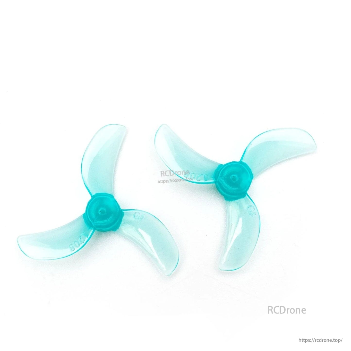 Translucent teal 31mm 3-blade micro quad propellers, CW and CCW pair on white background