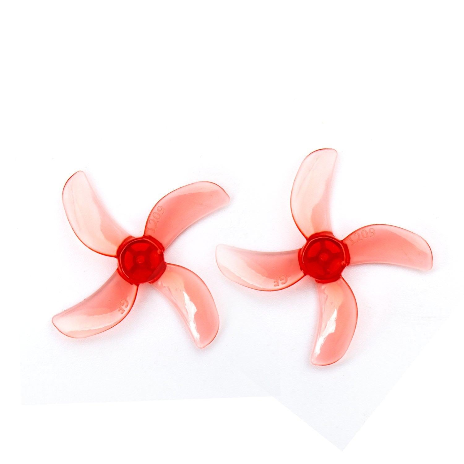 Gemfan 1209-4 31mm 4-blade propeller pair in translucent red, top view