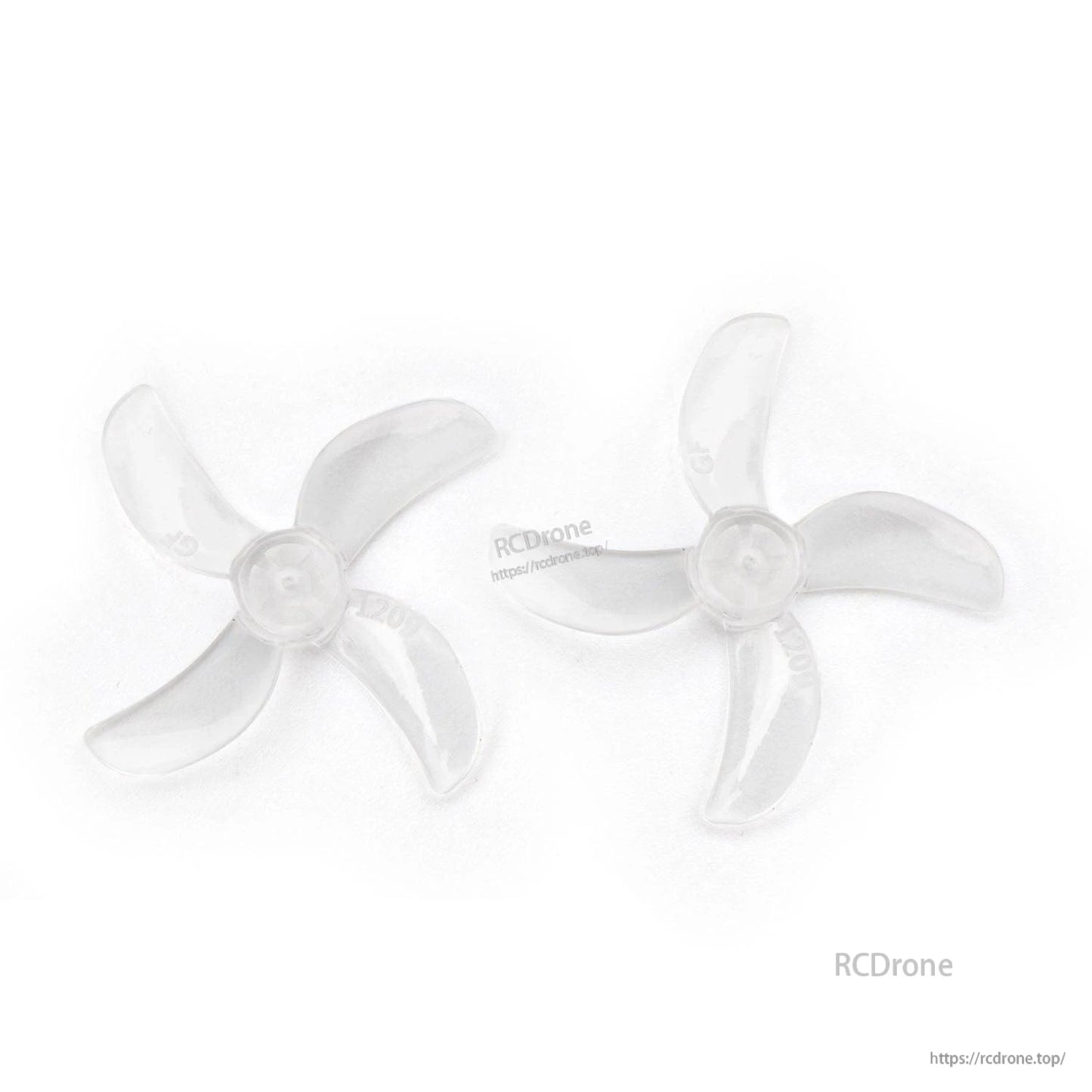 Clear transparent 31mm 4-blade propeller pair, top view on white background