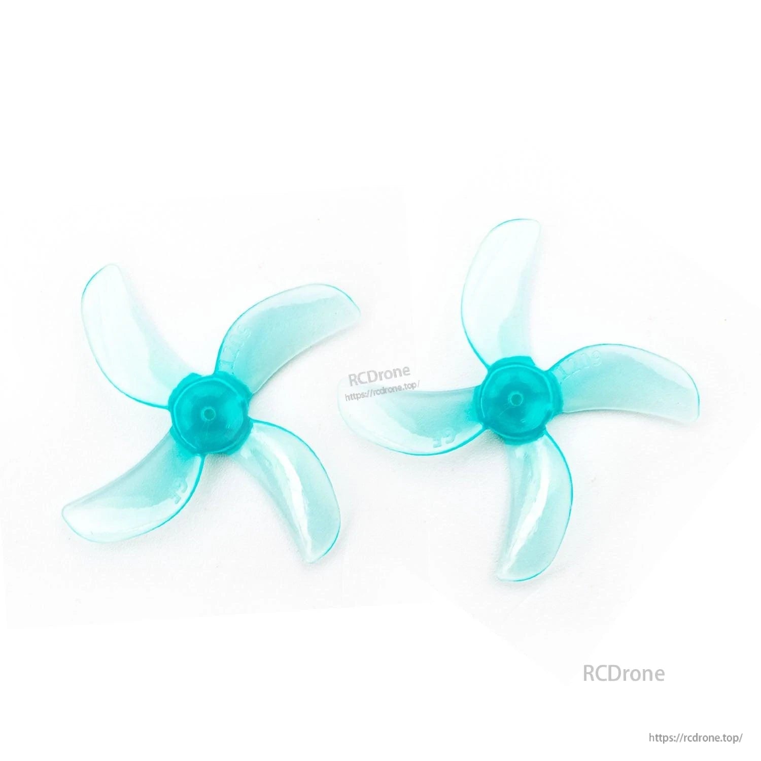 Translucent clear blue 31mm 4-blade propeller pair, top view