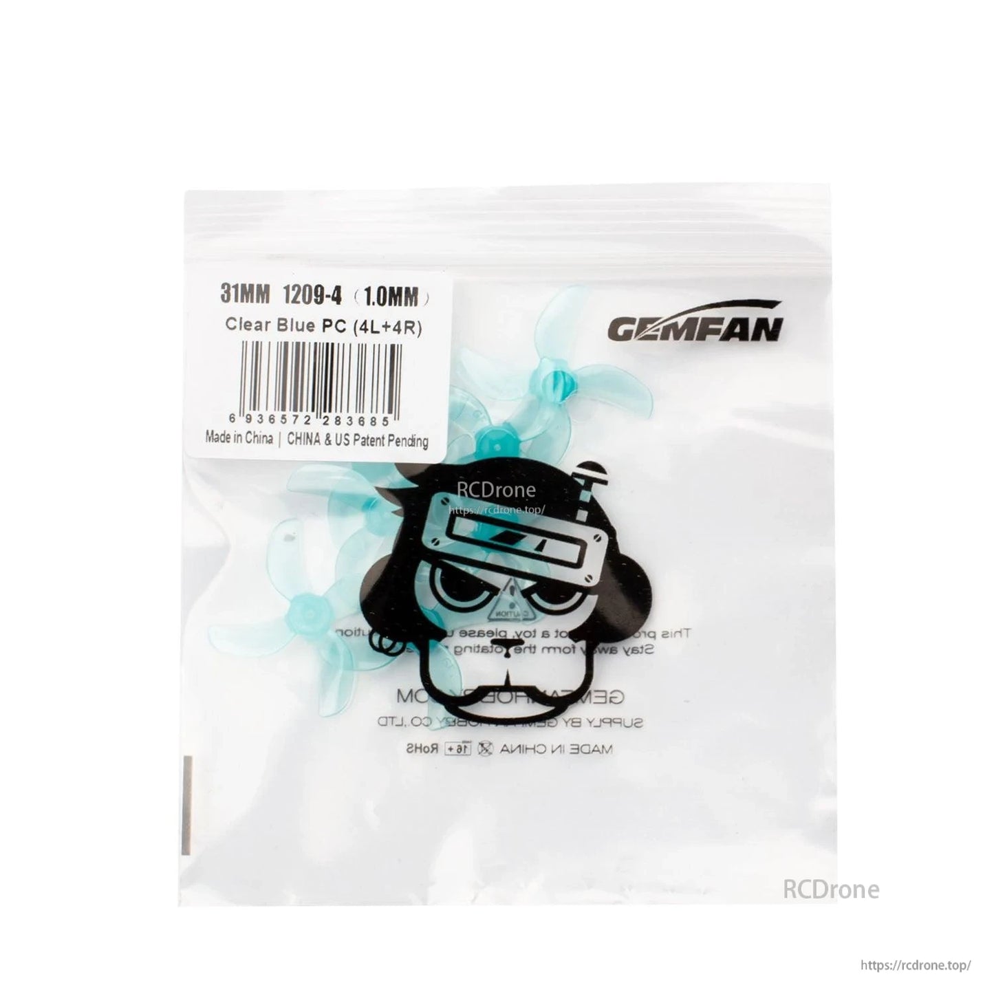 Gemfan 1209-4 31mm propellers in retail bag, label shows Clear Blue PC (4L+4R)