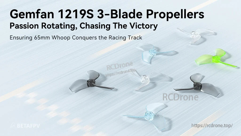 Gemfan 1219S 3-Blade Propeller set in multiple transparent colors for 65mm whoop builds