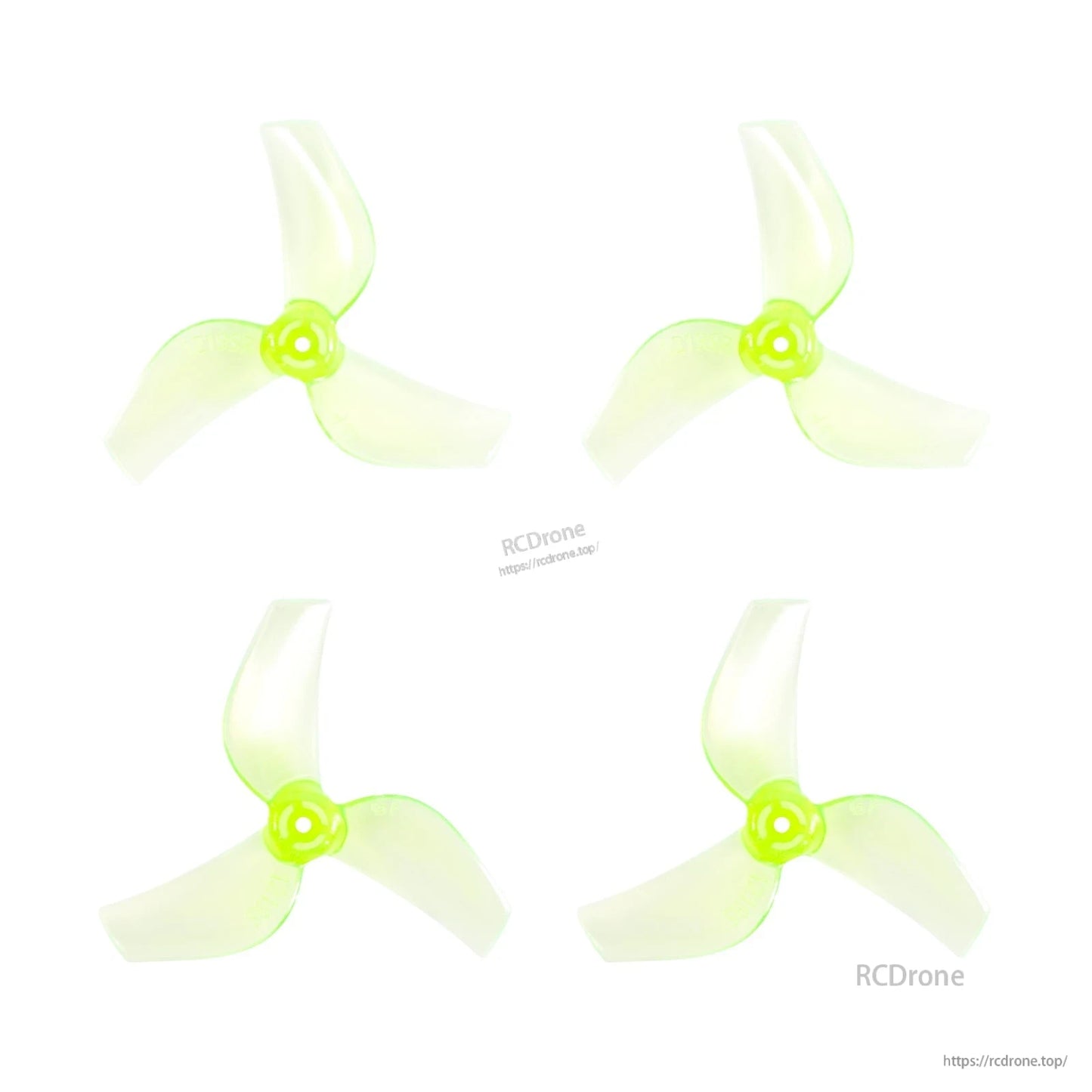 Neon yellow-green three-blade drone propellers, four-piece set with matching hubs on white background