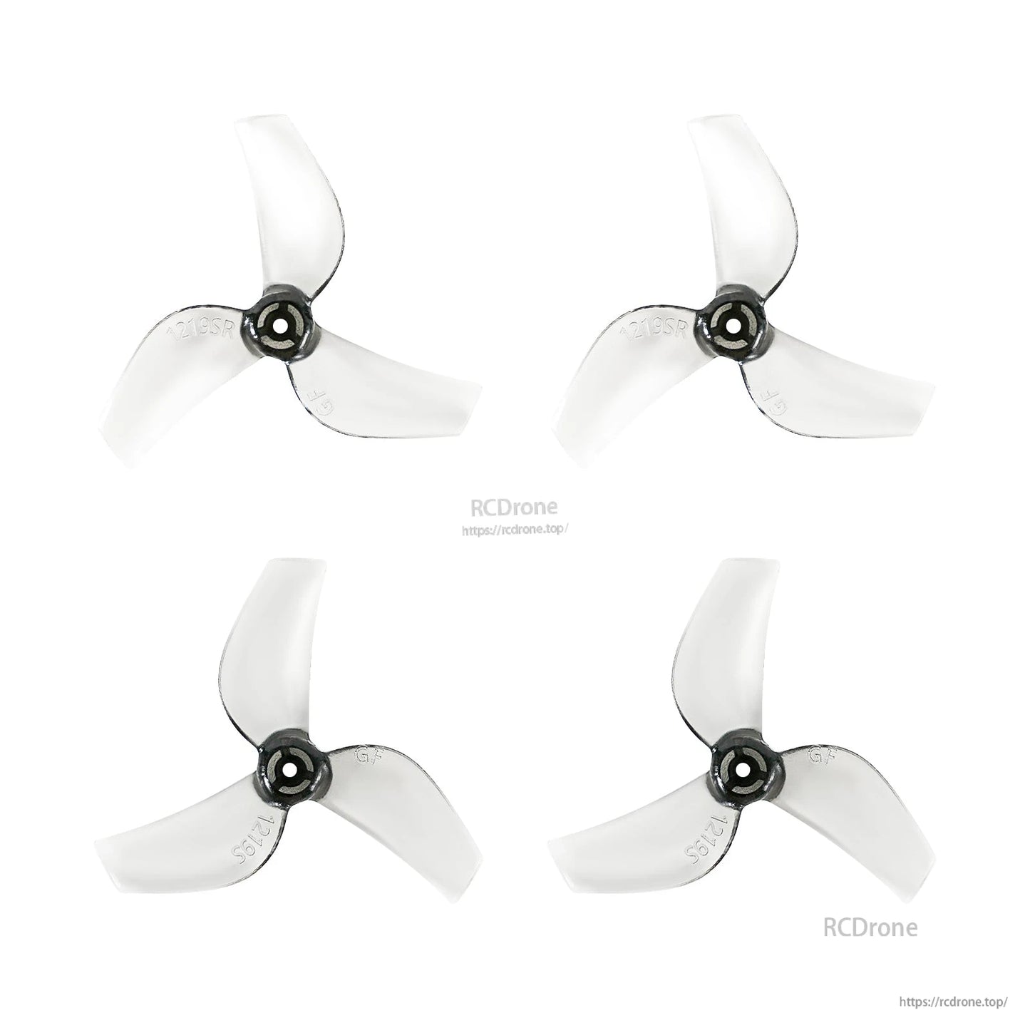 Gemfan 1219S 3-blade propellers, translucent gray blades with black hub centers, four-piece set